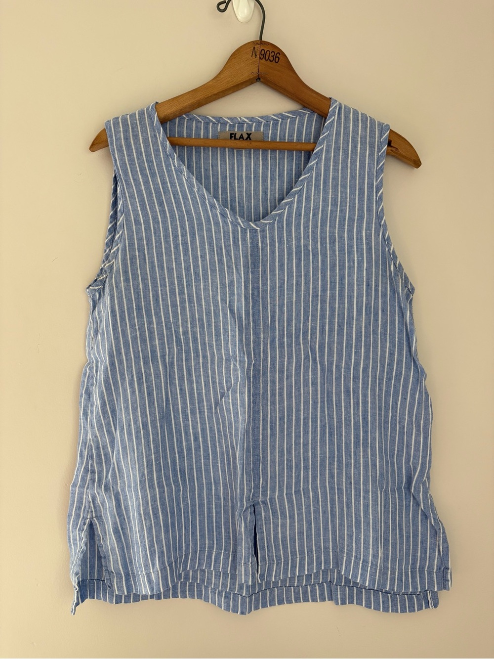 FLAX Blue White Vertical Striped Linen Tank Top V-Neck Small Baltic Lagenlook